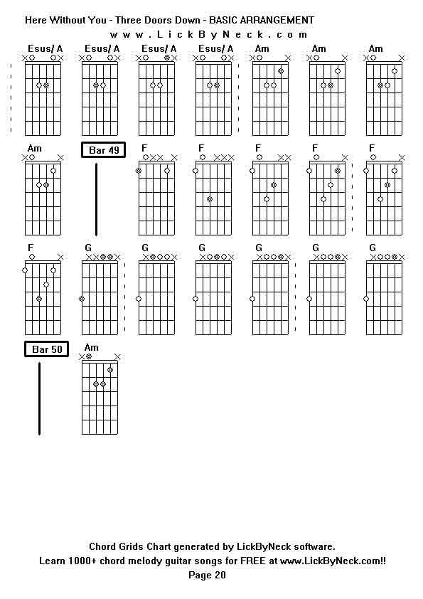 Chord Grids Chart of chord melody fingerstyle guitar song-Here Without You - Three Doors Down - BASIC ARRANGEMENT,generated by LickByNeck software.